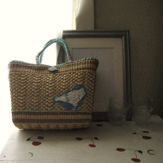 straw tote with bird etsy