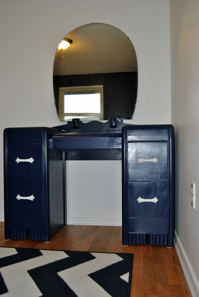 how to refinish wood furniture. diy paint vanity, desk, dresser for blue and white nautical room. | bexbernard.com