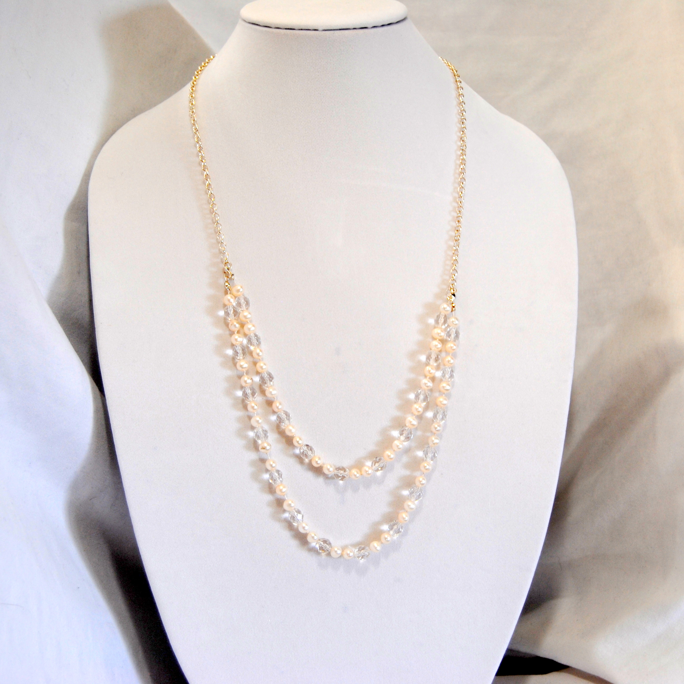 two strand white pearl necklace with clear firepolished beads | bexbernard.com