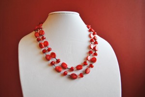 Red chunky necklace made of coral, firepolished red velvet crystals, and silver chain